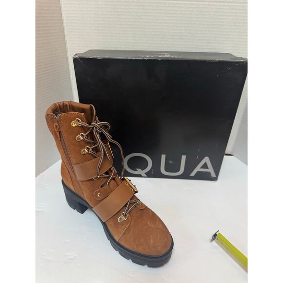 AQUA Genie Buckle Hiker Leather Biker Boots Cognac size 8m Eyes Lace-up Gold new - Picture 3 of 15